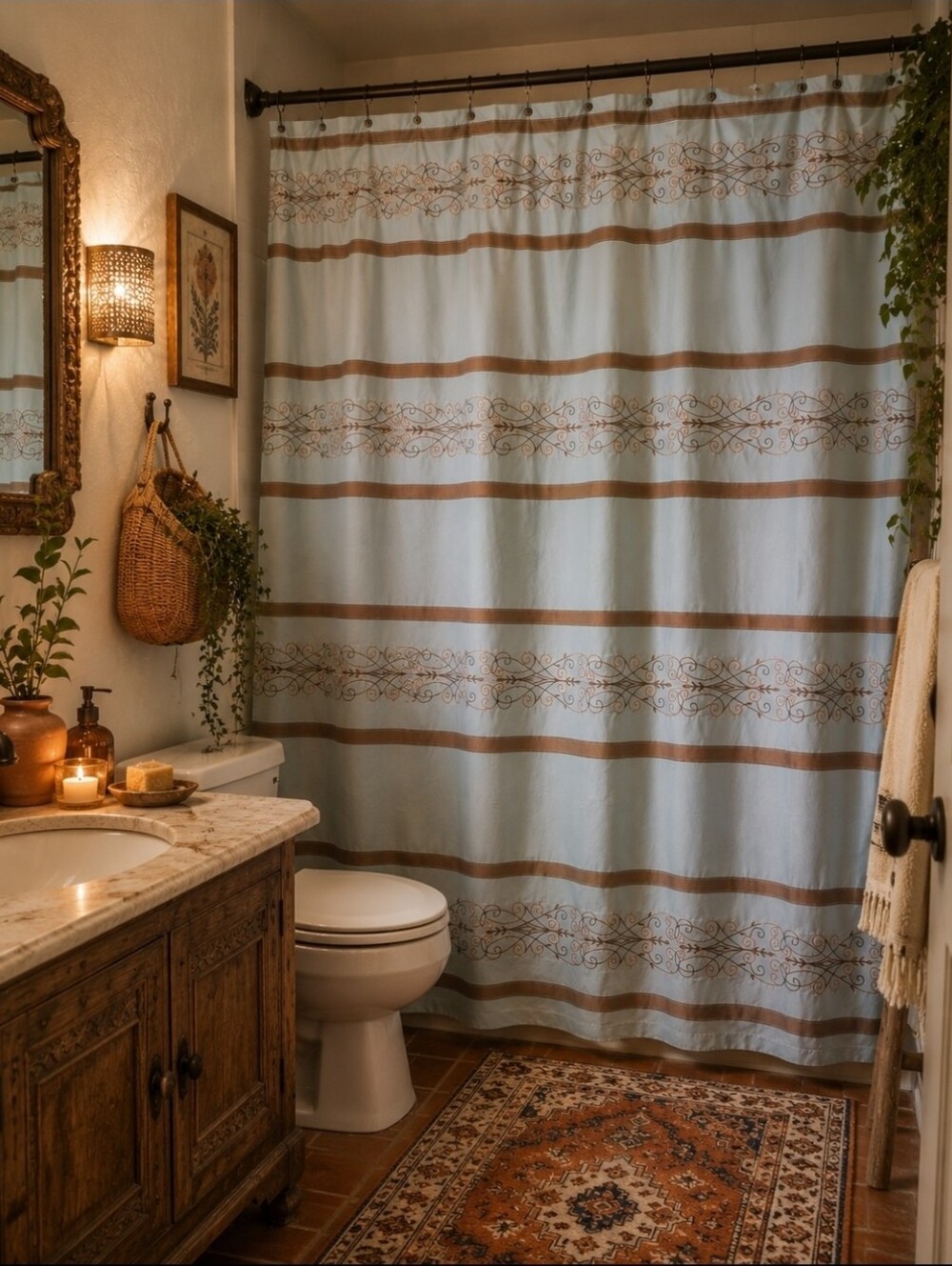 4/$15 Vintage Boho Light Blue Scroll Print Cloth Shower Curtain